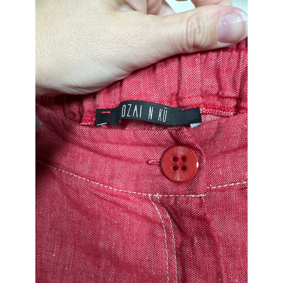 Ozai N Ku Linen Cherry Red Trouser Pants Greece Sustainable Lagenlook Womens L - Picture 6 of 10